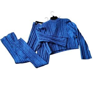 Cable Knit  Passion Blue Pantsuit Loungewear Sweater Set Sz M